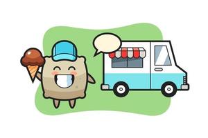 caricature de mascotte de sac avec camion de crème glacée vecteur