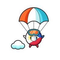 La bande dessinée de mascotte d'insigne de drapeau des philippines saute en parachute avec un geste heureux vecteur