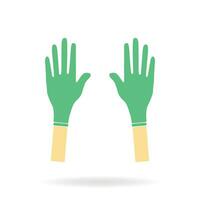 main portant protecteur vert gants latex gants sont une symbole de protection contre virus et bactéries. mise en garde icône plat vecteur illustration conception solitaire sur une blanc Contexte.
