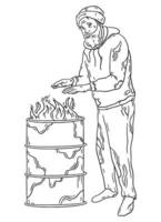 un sans-abri se réchauffe les mains dans un baril de feu. vecteur