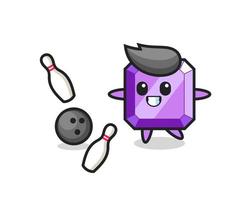 dessin animé de caractère de pierre précieuse violette joue au bowling vecteur