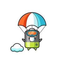 Le dessin animé de la mascotte de la batterie saute en parachute avec un geste heureux vecteur