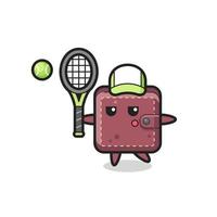 personnage de dessin animé de portefeuille en cuir en tant que joueur de tennis vecteur