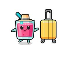 illustration de dessin animé de jus de fraise avec des bagages en vacances vecteur