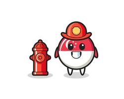 personnage mascotte de l'insigne du drapeau de singapour en tant que pompier vecteur