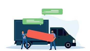 un coursier masculin livre des marchandises dans la ville dans un camion. illustration vectorielle de livraison gratuite vecteur