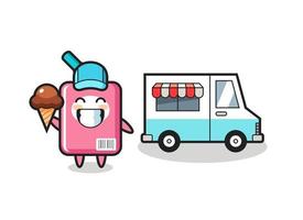 caricature de mascotte de boîte à lait avec camion de crème glacée vecteur