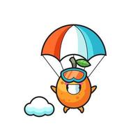 La bande dessinée de mascotte de kumquat saute en parachute avec un geste heureux vecteur