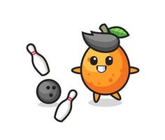 dessin animé de caractère de kumquat joue au bowling vecteur