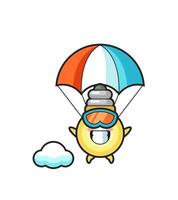 La bande dessinée de mascotte d'ampoule saute en parachute avec un geste heureux vecteur