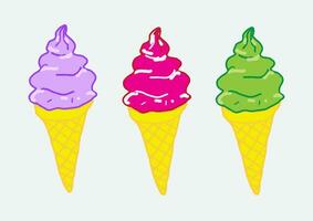 la glace crème cône lumière violet, lumière rose, vert verser violet, rose, vert sirop. framboise saveur, fraise Lait saveur et vert thé saveur vecteur illustration.