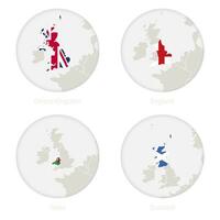 uni Royaume, Angleterre, Pays de Galles, Écosse carte contour et nationale drapeau dans une cercle. vecteur