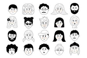 Humain visages griffonnage ensemble. gens avatars de différent sexe, nationalité, âge et faciale expression pour social les réseaux, site Internet. main tiré croquis de jeune, vieux Hommes et femmes. vecteur