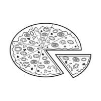 Pizza avec un tranche séparé. vite nourriture linéaire icône. main tiré griffonnage illustration. vecteur