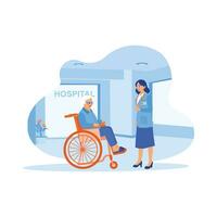 adulte femelle patient séance dans une fauteuil roulant. une Jeune médecin aide examiner les patients dans le hôpital. personnes âgées patient concept. tendance moderne vecteur plat illustration