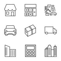 vecteur ligne icône ensemble pour conception, applications, bannières, la toile des sites. modifiable coups. contour symboles de magasin, calculatrice, hypothèque, voiture, livraison, calculatrice, ville, gratte-ciel
