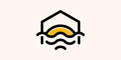 logo conception combiner le forme de une maison avec une vue de le le coucher du soleil plus de le vagues. vecteur