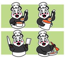 chef Panda cuisiniers délicieux vaisselle vecteur