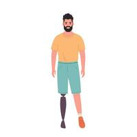 Jeune homme avec prothétique jambe. Masculin personnage avec une physique invalidité. vecteur
