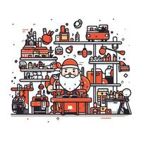 Père Noël claus travail dans le réparation magasin. vecteur ligne art illustration.