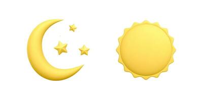 3d réaliste Jaune croissant lune avec étoiles et Soleil isolé sur blanc Contexte. vecteur illustration