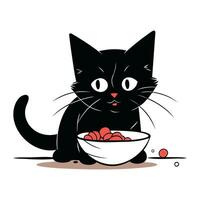 mignonne noir chat avec bol de rouge cerises. vecteur illustration.