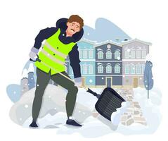Masculin ouvrier enlever neige de le chemin. homme pelleter le route trottoir avec une gros pelle. municipal service. neigeux l'hiver. plat vecteur illustration.