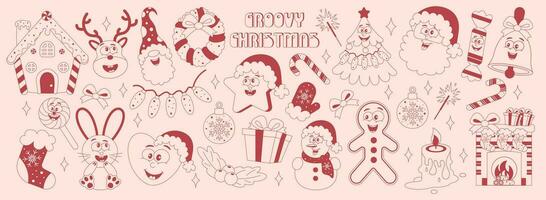 Noël sensationnel rétro éléments dans monochrome style. une ensemble de autocollants dans le style de le années 60-80. joyeux Noël et content Nouveau an. vecteur