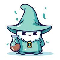 mignonne dessin animé sorcier avec une potion dans le sien main. vecteur illustration.