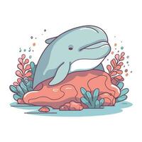 mignonne dessin animé baleine sur corail récif. vecteur illustration dans plat style.