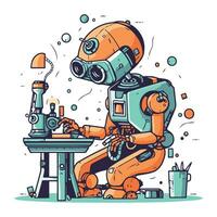 vecteur illustration de une robot séance à le table et travail avec une microscope.