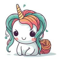 mignonne dessin animé Licorne avec une Balle de fil de discussion. vecteur illustration.