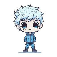mignonne peu garçon avec bleu yeux et bleu vêtements. vecteur illustration.