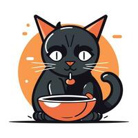 mignonne noir chat séance avec bol de aliments. vecteur illustration.