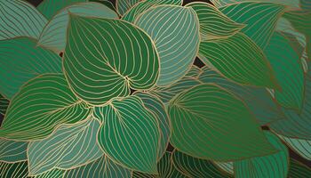 main tiré émeraude vert hosta feuilles avec cuivre métallique contour Contexte vecteur. luxe art déco fond d'écran conception pour imprimer, affiche, couverture, bannière, tissu, emballage. vecteur