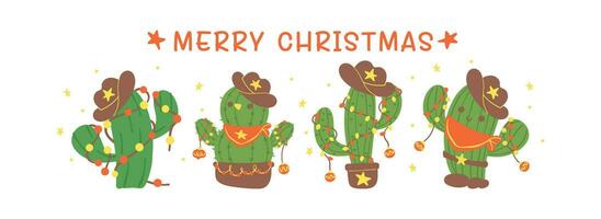 mignonne Noël cactus dessin animé avec cow-boy chapeau bannière, kawaii rétro occidental plante main dessin et de fête plat conception vecteur