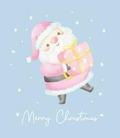 mignonne rose Noël Père Noël claus avec cadeau aquarelle avec adorable sourire salutation carte dessin animé personnage main La peinture vecteur