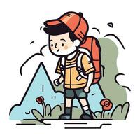 randonnée dans montagnes. une garçon avec une sac à dos et une casquette. vecteur illustration