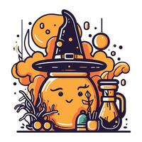 mignonne Halloween sorcière chaudron avec potion. vecteur illustration dans dessin animé style