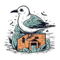 vecteur main tiré illustration de une mouette séance sur une maison.