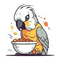 mignonne perroquet avec une bol de aliments. vecteur illustration.
