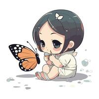mignonne peu bébé fille en jouant avec une papillon. vecteur illustration.