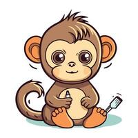 mignonne singe avec cuillère et fourchette. marrant dessin animé vecteur illustration.