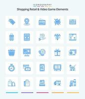 Créatif faire du shopping vente au détail et vidéo Jeu éléments 25 bleu icône pack tel comme code à barre. nouveau. carte. étiquette . commerce électronique vecteur