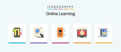 en ligne apprentissage plat 5 icône pack comprenant e livre. moniteur. éducation. apprentissage. apprentissage en ligne. Créatif Icônes conception vecteur