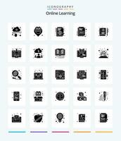 Créatif en ligne apprentissage 25 glyphe solide noir icône pack tel comme en ligne. éduquer. apprentissage. livre. l'Internet vecteur