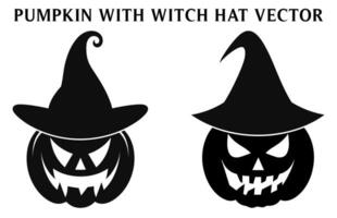 gratuit effrayant citrouilles avec sorcière chapeau gratuit, Halloween citrouille dans sorcière chapeau silhouette ensemble vecteur