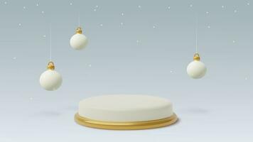 3d hiver vacances podium avec Noël ornements et neige. horizontal minimal produit Contexte avec Trois dimensionnel cylindre vide étape et pendaison des balles - blanc et or Nouveau année décorations. vecteur