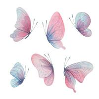 papillons sont rose, bleu, lilas, en volant, délicat avec ailes et éclaboussures de peindre. main tiré aquarelle illustration. ensemble de isolé éléments sur une blanc arrière-plan, pour conception. vecteur