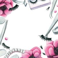 produits de beauté et brosses pour yeux et les sourcils, pince à épiler avec rose anémone fleurs. aquarelle illustration main dessiné. Cadre sur une blanc Contexte. vecteur